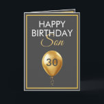 Carte Elégant or et gris ballon Son 30e anniversaire<br><div class="desc">Elegant Gold and Grey Balloon Son 30th Birthday, un design unique fait pour quiconque cherche quelque chose de spécial pour son fils pour son anniversaire. Le design comporte un joli ballon doré à l'avant avec du texte personnalisable que vous pouvez personnaliser, alors n'hésitez pas à le customiser pour faire votre...</div>