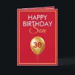 Carte Elégant or et rouge ballon Son 30e anniversaire<br><div class="desc">Elegant Gold and Red Balloon Son 30e anniversaire, un design unique fait pour quiconque cherche quelque chose de spécial pour son fils pour son anniversaire. Le design comporte un joli ballon doré à l'avant avec du texte personnalisable que vous pouvez personnaliser, alors n'hésitez pas à le customiser pour faire votre...</div>