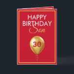 Carte Elégant or et rouge ballon Son 30e anniversaire<br><div class="desc">Elegant Gold and Red Balloon Son 30e anniversaire, un design unique fait pour quiconque cherche quelque chose de spécial pour son fils pour son anniversaire. Le design comporte un joli ballon doré à l'avant avec du texte personnalisable que vous pouvez personnaliser, alors n'hésitez pas à le customiser pour faire votre...</div>