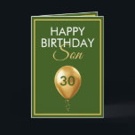 Carte Elégant or et son ballon vert 30e anniversaire<br><div class="desc">Elegant Gold and Green Balloon Son 30e anniversaire, un design unique fait pour quiconque cherche quelque chose de spécial pour son fils pour son anniversaire. Le design comporte un joli ballon doré à l'avant avec du texte personnalisable que vous pouvez personnaliser, alors n'hésitez pas à le customiser pour faire votre...</div>