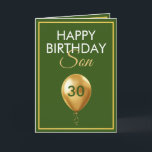 Carte Elégant or et son ballon vert 30e anniversaire<br><div class="desc">Elegant Gold and Green Balloon Son 30e anniversaire, un design unique fait pour quiconque cherche quelque chose de spécial pour son fils pour son anniversaire. Le design comporte un joli ballon doré à l'avant avec du texte personnalisable que vous pouvez personnaliser, alors n'hésitez pas à le customiser pour faire votre...</div>