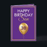 Carte Elégant or et violet son ballon 30e anniversaire<br><div class="desc">Elegant Gold and Purple Balloon Son 30e anniversaire, un design unique fait pour quiconque cherche quelque chose de spécial pour son fils à son anniversaire. Le design comporte un joli ballon doré à l'avant avec du texte personnalisable que vous pouvez personnaliser, alors n'hésitez pas à le customiser pour faire votre...</div>