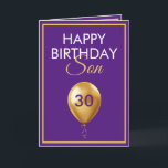 Carte Elégant or et violet son ballon 30e anniversaire<br><div class="desc">Elegant Gold and Purple Balloon Son 30e anniversaire, un design unique fait pour quiconque cherche quelque chose de spécial pour son fils à son anniversaire. Le design comporte un joli ballon doré à l'avant avec du texte personnalisable que vous pouvez personnaliser, alors n'hésitez pas à le customiser pour faire votre...</div>