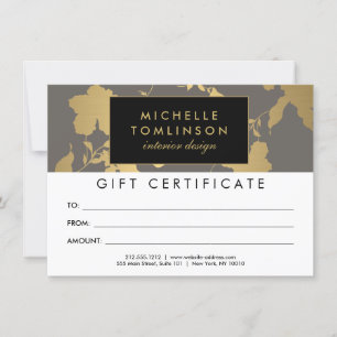 Carte Élégant or Floral motif gris certificat cadeau cad