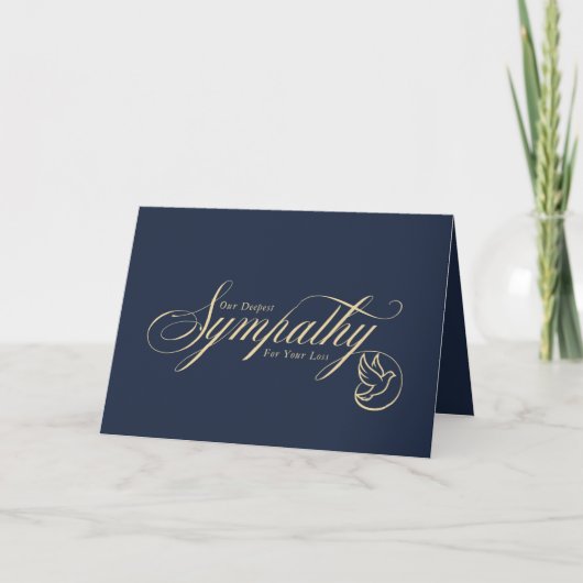 Carte Élégant or script colombe bleu condoléances sympat (Devant)