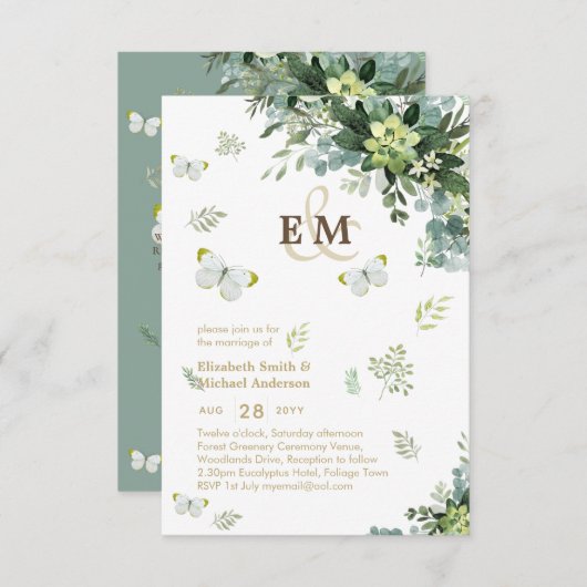 Carte Elégant Papillons de verdure Monogram Mariage Inv (Devant / Derrière)