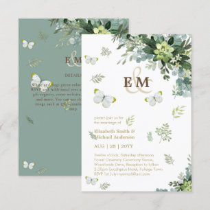 Carte Elégant Papillons de verdure Monogram Mariage Inv