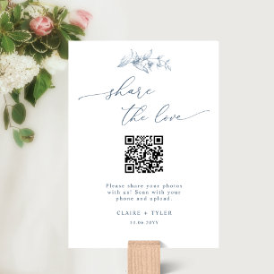 Carte Élégant Partager l'amour, Mariage bleu QR Code Sig