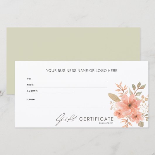 Carte Élégant Peach Floral Logo Certificat cadeau (Devant / Derrière)