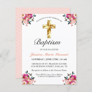 Carte Élégant Peach Rose Floral Gold Cross Baptism