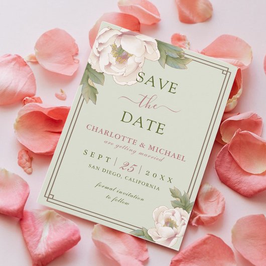 Carte Elegant Peony Sage et Blush Wedding Enregistrer la
