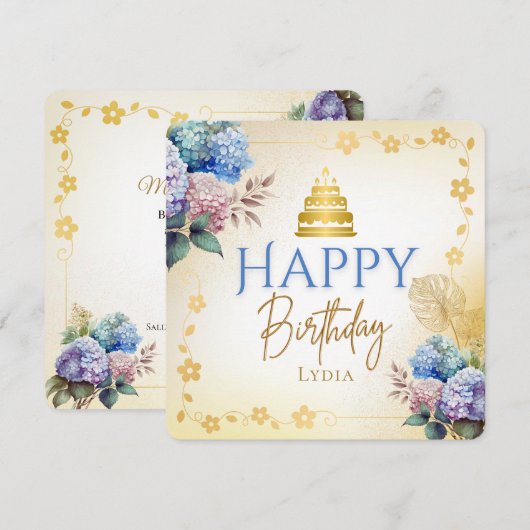 Carte Elegant Personalized Hydrangea Flat Birthday (Devant / Derrière)