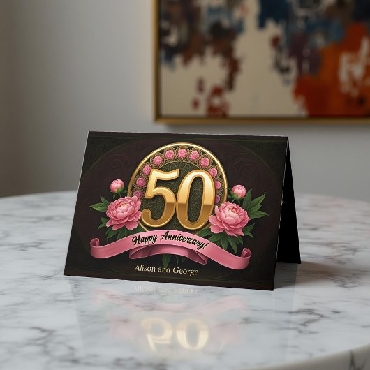 Carte Élégant Pink Peonies Gold 50e anniversaire Mariage