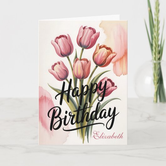 Carte Elegant Pink Tulip Floral Birthday (Devant)