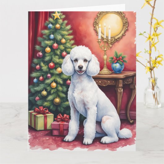Carte Elegant Poodle Beside Christmas Tree Holiday Dog  (Fleur jaune)