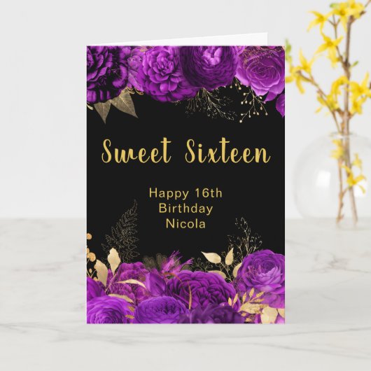 Carte Elegant Purple and Gold Flowers Sweet Sixteen (Fleur jaune)