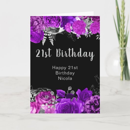 Carte Elegant Purple and Silver Flowers Birthday (Devant)