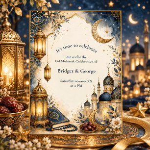 Carte Elegant Ramadan Eid Mubarak bleu et or 
