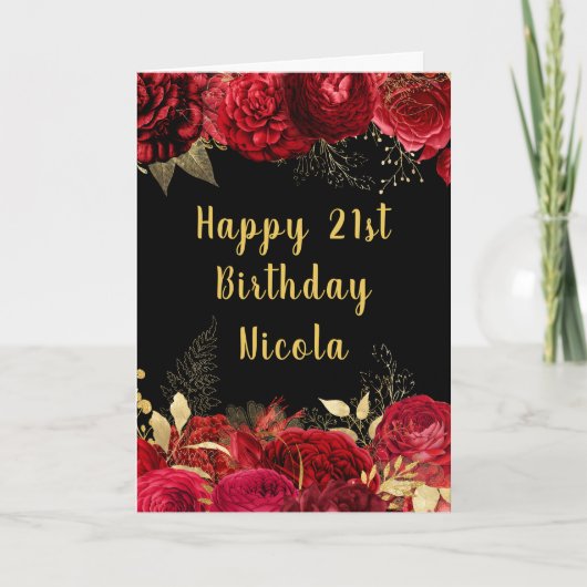 Carte Elegant Red and Gold Flowers Birthday (Devant)