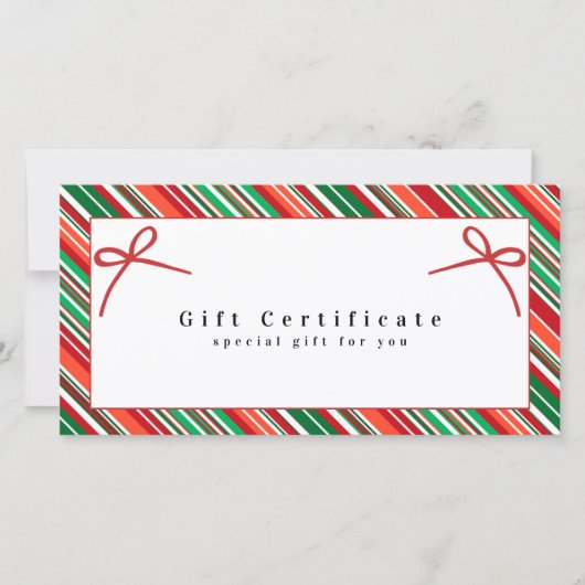 Carte Elegant Red & Green Striped Gift Certificate \ Bow (Devant)