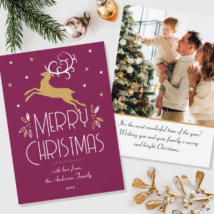 Carte Élégant renne de Noël Photo Plum Gold Flat