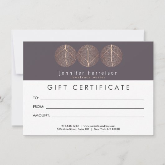 Carte Élégant Rose Gold Leaf Trio Logo Certificat cadeau (Devant)