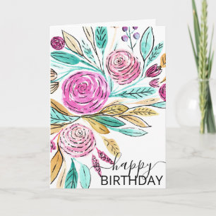 Carte Elégant rose Turquoise aquarelle florale Joyeux an