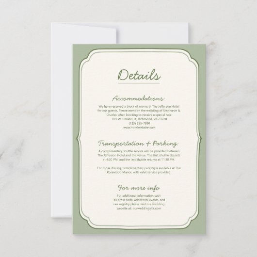 Carte Elegant Sage Green Wedding Details Card  (Devant)