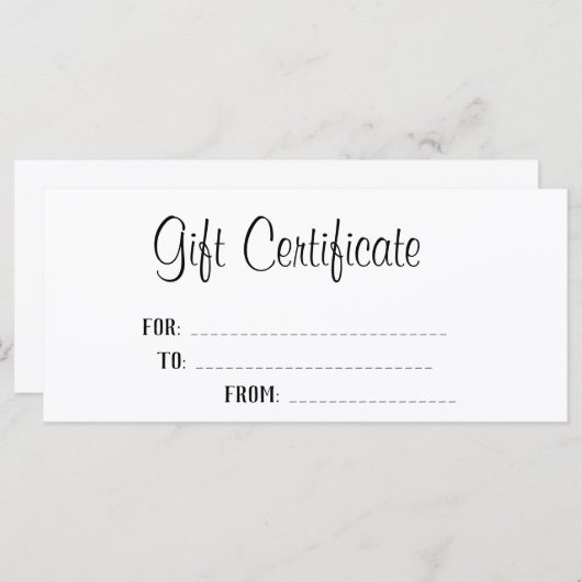 Carte Élégant script blanc Certificat cadeau personnalis (Devant / Derrière)
