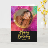 Carte Elegant Script Colorful Glitter Photo Birthday (Fleur jaune)