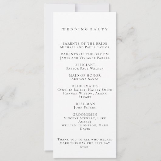Carte Élégant Script minimal Noir White Wedding Programm (Dos)