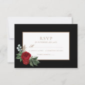 Carte Élégant Script Red Peonies Black & Gold RSVP (Devant)