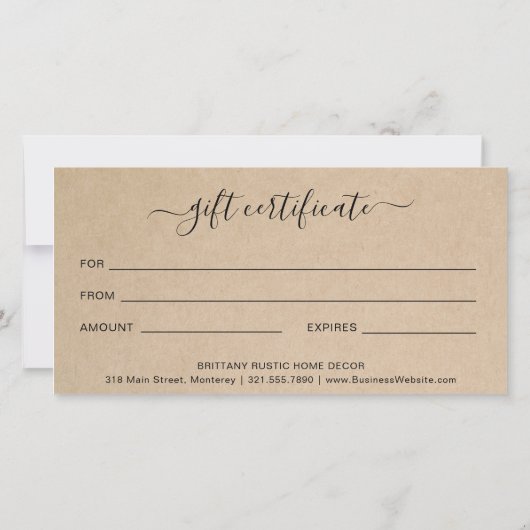 Carte Élégant Script Rustique Certificat Cadeau (Dos)