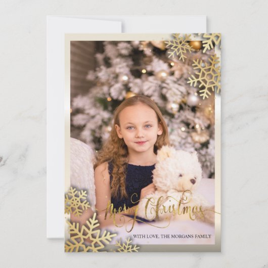 Carte Élégant Snowflakes Gold Photo Joyeux Noël (Devant)