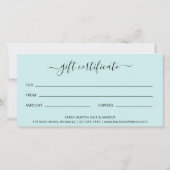 Carte Élégant Spa simple Turquoise Turquoise Certificat (Dos)