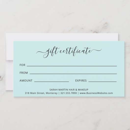 Carte Élégant Spa simple Turquoise Turquoise Certificat (Dos)