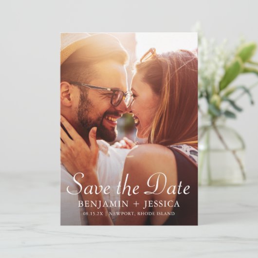 Carte Elégant Taupe Photo Mariage Enregistrer la date (Debout devant)