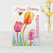 Carte Elegant Tulip and Bee Watercolour Womans Name (Fleur jaune)