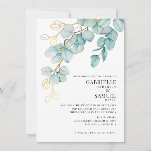 Carte Elégant Turquoise et Gold Eucalyptus Mariage Invit