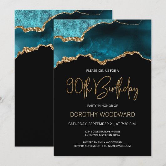 Carte Elégant Turquoise Gold Agate 90e anniversaire Invi (Devant / Derrière)