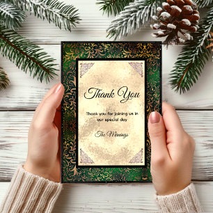 Carte Elégant vert floral faux or merci
