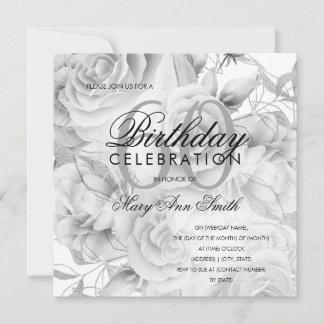 Carte Élégante 60e fête d'anniversaire Floral Argent Bla