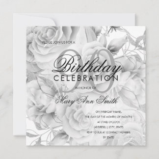 Carte Elégante 90e fête d'anniversaire Floral Argent Bla