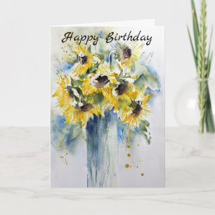 Carte Elégante aquarelle tournesol Joyeux anniversaire