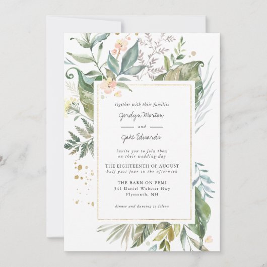 Carte Elégante aquarelle verte | Mariage floral rose (Devant)