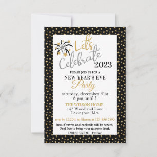 Carte Élégante Black and Gold Stars New Years Eve Party