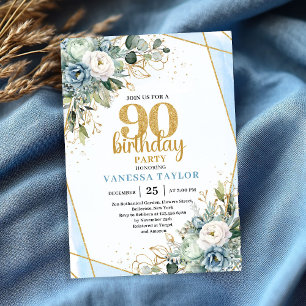 Carte élégante bleue et or pour 90e anniversaire