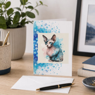 Carte élégante chat Sphinx bleu aquarelle animal d