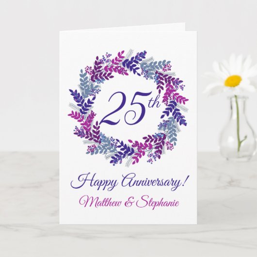 Carte Élégante couronne violette rose 25e anniversaire (Petite plante)