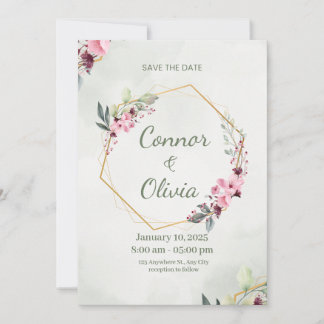 Carte Élégante de Faire-Part Floral avec Cadre Dor